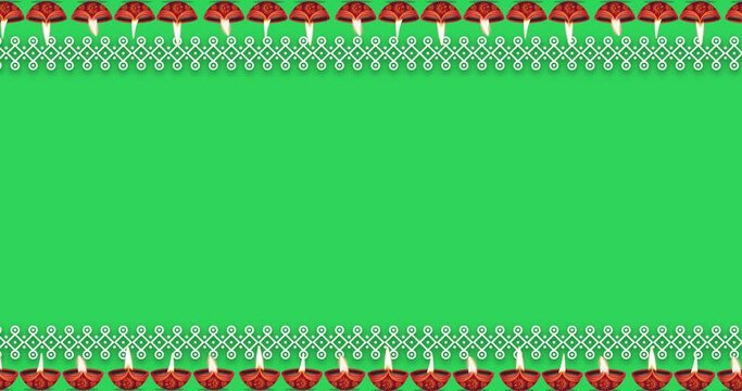 Animated motion graphics of oil lamp moving on Hindu festival background on green background used for Diwali and Karthika Deepam.