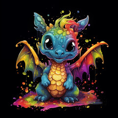 Cute little Dragon in splashes and drops of rainbow paint