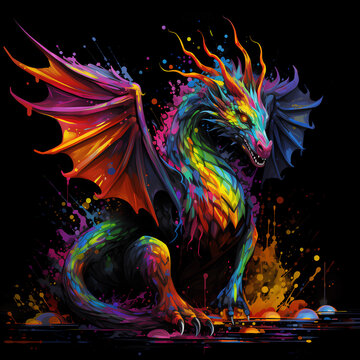 Dragon in splashes and drops of rainbow black paint
