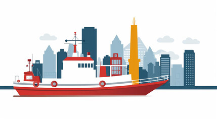 tug boat with a cityscape skyline, on white isolated background, vector style