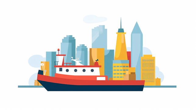 tug boat with a cityscape skyline, on white isolated background, vector style