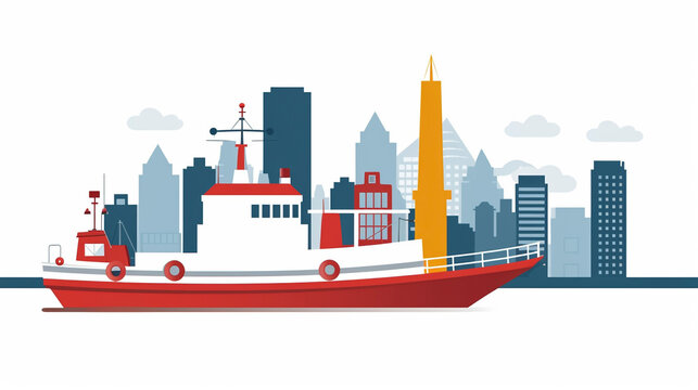 red and white boat in city skyline clip art preview