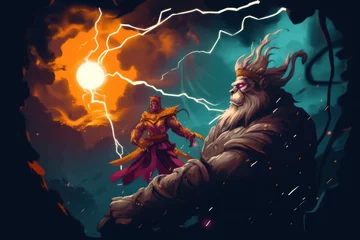 Foto op Plexiglas Digital illustration painting design style god of monkey fighting with god of war, against thunder and lightning, Generative AI © Ananya