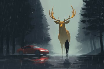 Digital illustration painting design style a man facing with a huge deer is on the road, against raining, Generative AI - obrazy, fototapety, plakaty
