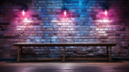 Brick wall background mockup illuminated by neon lights. Nightclub template. Wooden table with bricks background. Background with copy space for logos, texts, advertisements.
