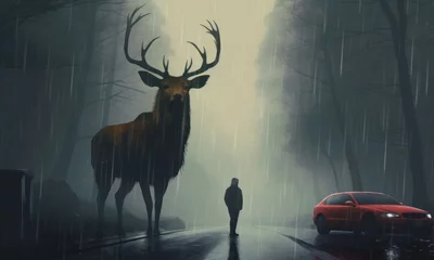 Foto op Canvas Digital illustration painting design style a man facing with a huge deer is on the road, against raining, Generative AI © Ananya
