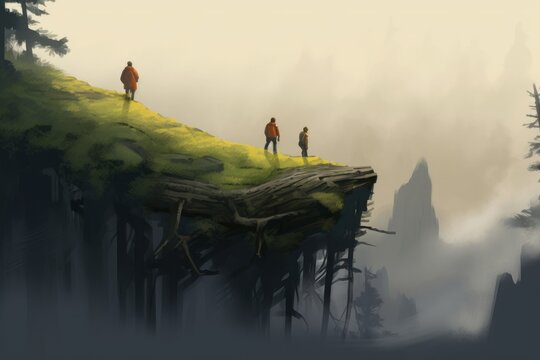 Digital illustration painting design style a few hikers crossing the chasm on big log, against mist, Generative AI