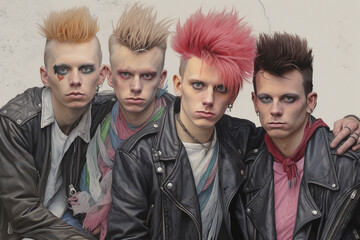 1980s style portrait of punk rock musicians and fans 