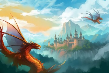 Digital illustration painting design style a few dragons flying above magic town, against clouds, Generative AI - obrazy, fototapety, plakaty