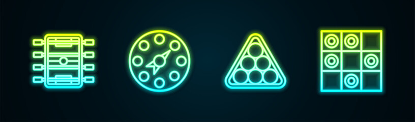 Set line Hockey table, Twister game, Billiard balls in triangle and Board of checkers. Glowing neon icon. Vector