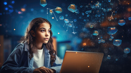 School-aged girl look into a laptop screen, icons flying in the air. Creative minimal concept of distance additional education, distance learning, online courses.  - obrazy, fototapety, plakaty