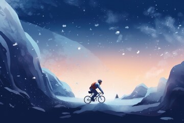 Digital illustration painting design style a man is riding bicycle, on the background of mountains and falling snowflakes, Generative AI