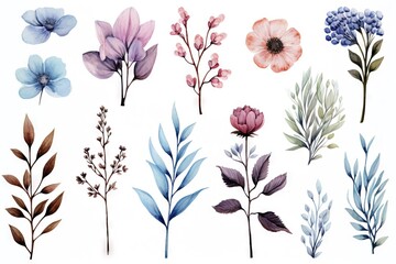 Abstract watercolor flowers, leaves, branches. Boho and multiple color palette with a white background. Vector, floral clipart.