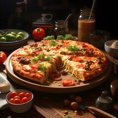 Pizza on the wood plate on table 
