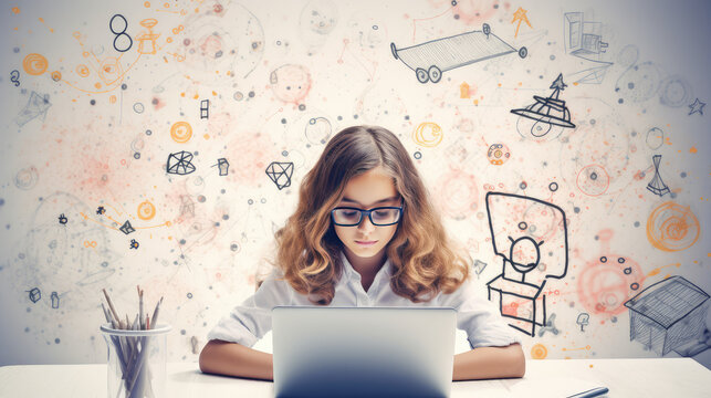 School-aged girl look into a laptop screen, icons flying in the air. Creative banner of distance additional education, distance learning, online courses. 