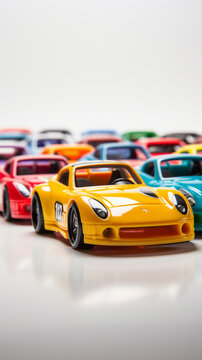 close up of toy sports cars on a white background © @foxfotoco