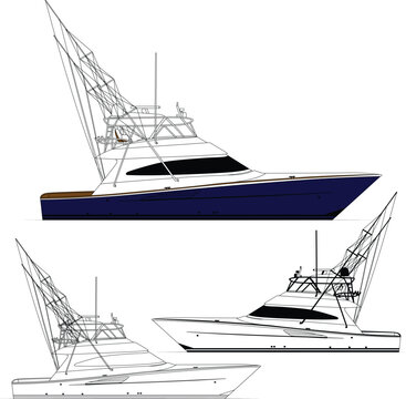 Sport fishing boat vector line art illustration and one-color