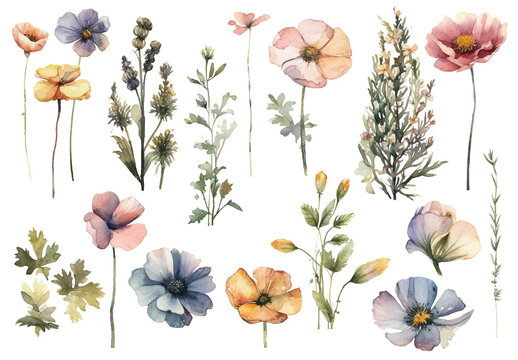 Vector watercolor painted flower. Hand drawn flower design elements isolated on white background.