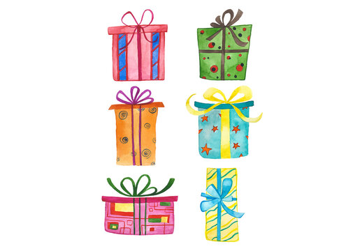 Watercolor painted collection of gift boxes. Hand drawn holiday design elements isolated on white background.