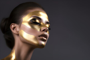 Fashion editorial Concept. Closeup portrait of stunning pretty woman with chiseled features, gold shiny glitter makeup. illuminated with dynamic composition and dramatic lighting. copy text space - obrazy, fototapety, plakaty