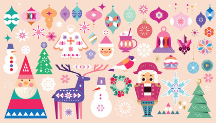 Merry Christmas and Happy New Year holiday art icons st Collestion festive decoration elements Vector flat cartoon cute illustration