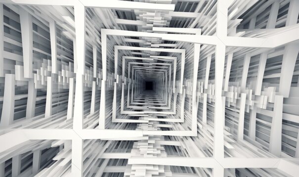 White Twisted Geometric Tunnel made of Cubes with inverted Edge Color, Generative AI
