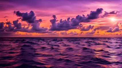Zelfklevend Fotobehang Heavy sunset under the sea with pink tones in the sky and reflection of sun on water surface, black clouds, bright orange-pink highlights © RAYNAN