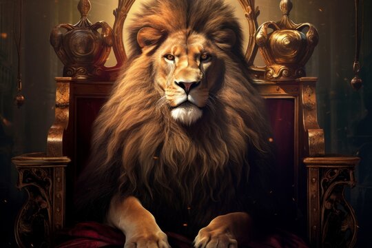 Royal lion sitting on a throne, closeup. Generative AI