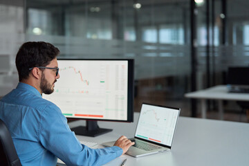 Business man trader broker analyst investor using computer analyzing stock trade crypto market...