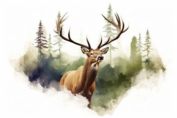 Deer and Forest. Watercolor Double Exposure effect on white background, Generative AI