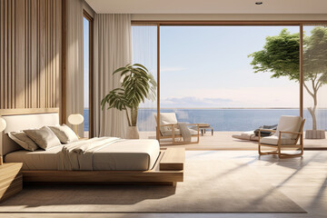 interior design luxury bedroom with ocean beach view and large windows