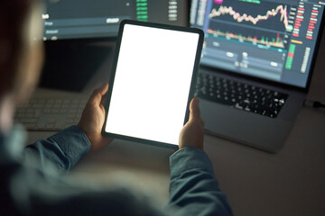 Business man trader investor broker holding tablet computer analyzing charts bank account market...