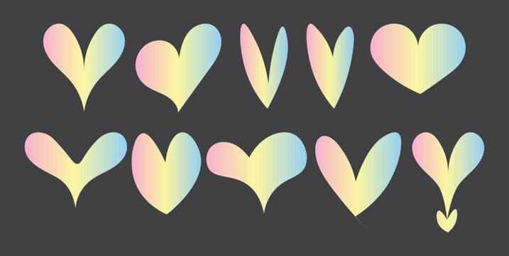 Hand drawn Hearts Set. 10 Pastel Gradient Pink blue Yellow Cute Love Hearts Collection. Trendy Doodle Heart Icons Vector Illustration. Love Symbols Valentine Day