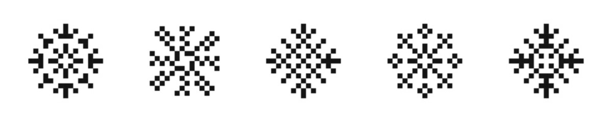  Pixel snowflakes icon collection. Pixel art snowflake icon set. Flat black snowflake icons.