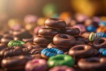 Mini chocolate donuts. Glazed round delicious colorful bakery products. Generate AI