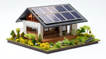 isometric view small house model with solar panels isolated on white background - obrazy, fototapety, plakaty