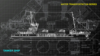 Tanker ship model. Line art sketch wallpaper of water transportation series. Drafting art. Grid lines drawing against dark background. 