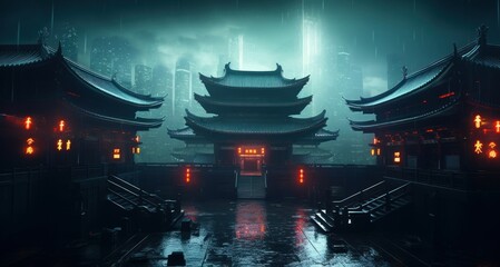 Cyberpunk temple, japanese abstract illustration, futuristic city, dystoptic artwork at night, 4k wallpaper. Rain moody empty future, Generative AI
