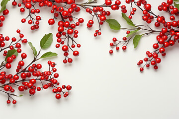 Flat Lay with Red Berries and Holly Branches. Copy Space