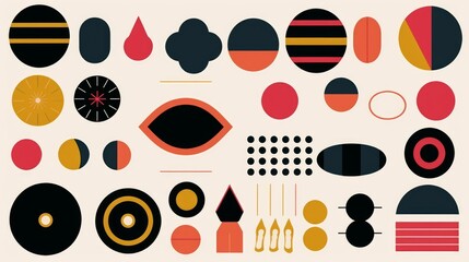 Set of abstract retro geometric shapes . Collection of contemporary figure, sparkle, circle, line in 70s groovy style. Bauhaus Memphis design element perfect for banner, prints, stickers,Generative AI