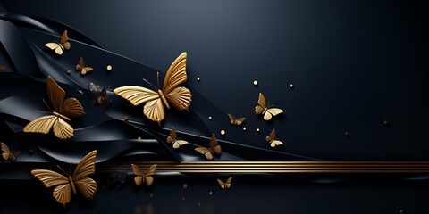 Schmetterlinge in gold und dunklen Farben als Hintergrundmotiv für Webdesign im Querformat für Banner, ai generativ