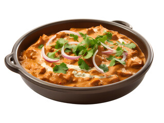 Authentic Indian Butter Chicken Curry in Balti Dish, isolated on a transparent or white background