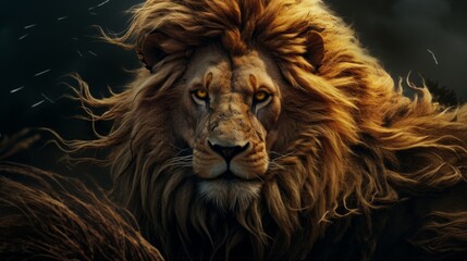 close up lion face, aggressive face, 16:9, copy space
