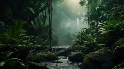Realistic rain forest depicted in an artistic way with a tiny cascade - obrazy, fototapety, plakaty