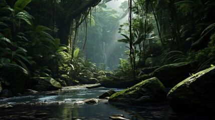 Realistic rain forest depicted in an artistic way with a tiny cascade - obrazy, fototapety, plakaty