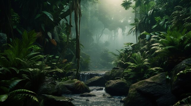 Realistic rain forest depicted in an artistic way with a tiny cascade