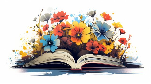flowers growing from book, art vector illustration, copy space, 16:9