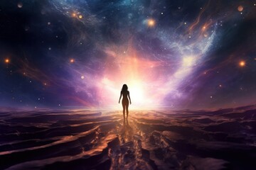 Abstract Unique Young Woman Standing In the Middle Of A Galaxy Crack, Generative AI