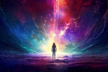 Abstract Unique Young Woman Standing In the Middle Of A Galaxy Crack, Generative AI - obrazy, fototapety, plakaty