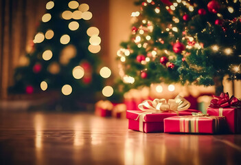 Fototapeta na wymiar A huge one Christmas tree with bright lights and presents.